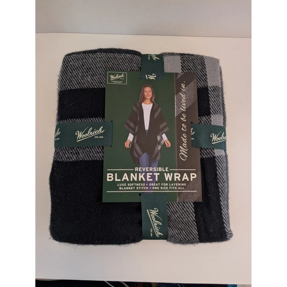 Woolrich Reversible Blanket‎ Wrap Black Grey Plaid Poncho OS NWT
